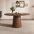 JVNOXK 47 Round MDF Dining Table for 4, Modern Farmhouse Kitchen Table with Wood Strip Base, Walnut Finish Circle Table for Kitchen & Living Room
