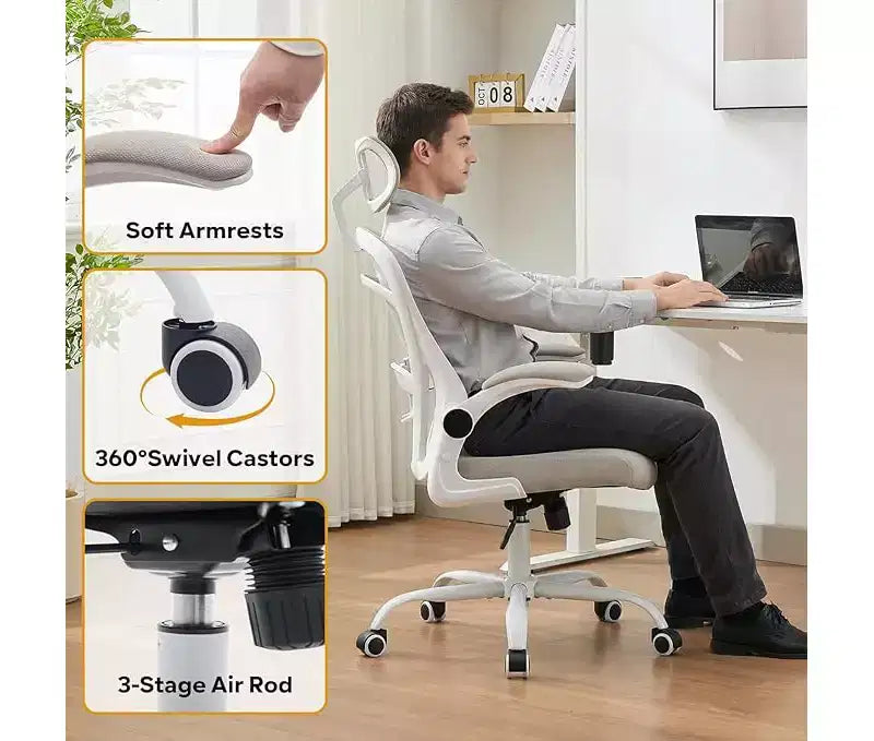 Sedia da ufficio ergonomica con schienale alto in rete, braccioli ribaltabili, poggiatesta, ruote, capacità 136 kg, sedia da scrivania girevole direzionale per computer