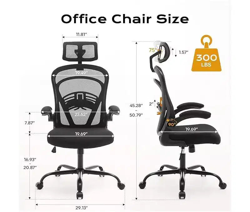 Sedia da ufficio ergonomica con schienale alto in rete, braccioli ribaltabili, poggiatesta, ruote, capacità 136 kg, sedia da scrivania girevole direzionale per computer