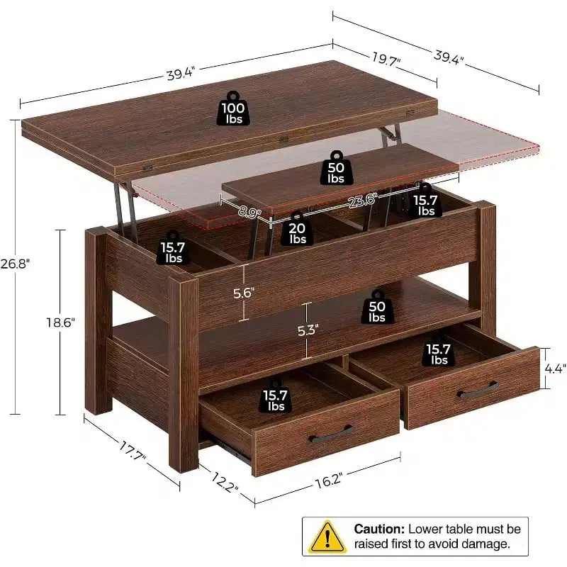 Tavolino da Caffè Sollevabile ad Altezza Regolabile Tavolo Centrale Moderno in Legno con 2 Cassetti Portaoggetti e Scomparto Nascosto Marrone Noce o Nero