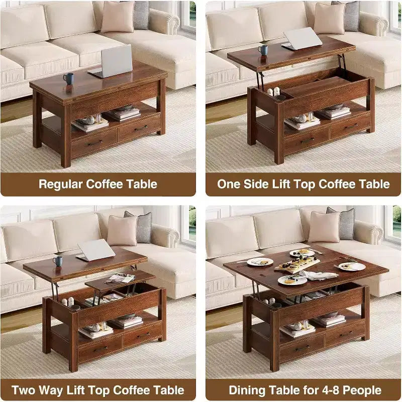 Tavolino da Caffè Sollevabile ad Altezza Regolabile Tavolo Centrale Moderno in Legno con 2 Cassetti Portaoggetti e Scomparto Nascosto Marrone Noce o Nero