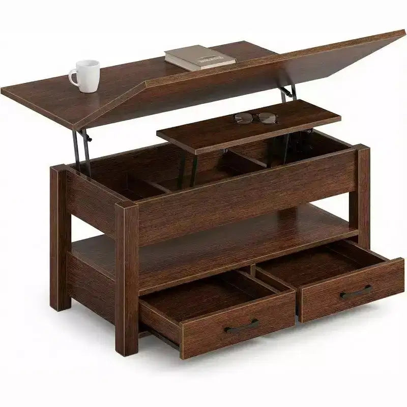 Tavolino da Caffè Sollevabile ad Altezza Regolabile Tavolo Centrale Moderno in Legno con 2 Cassetti Portaoggetti e Scomparto Nascosto Marrone Noce o Nero