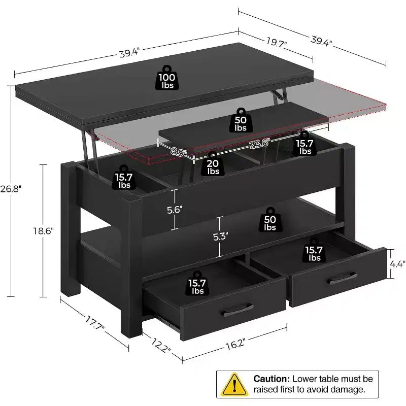 Tavolino da Caffè Sollevabile ad Altezza Regolabile Tavolo Centrale Moderno in Legno con 2 Cassetti Portaoggetti e Scomparto Nascosto Marrone Noce o Nero