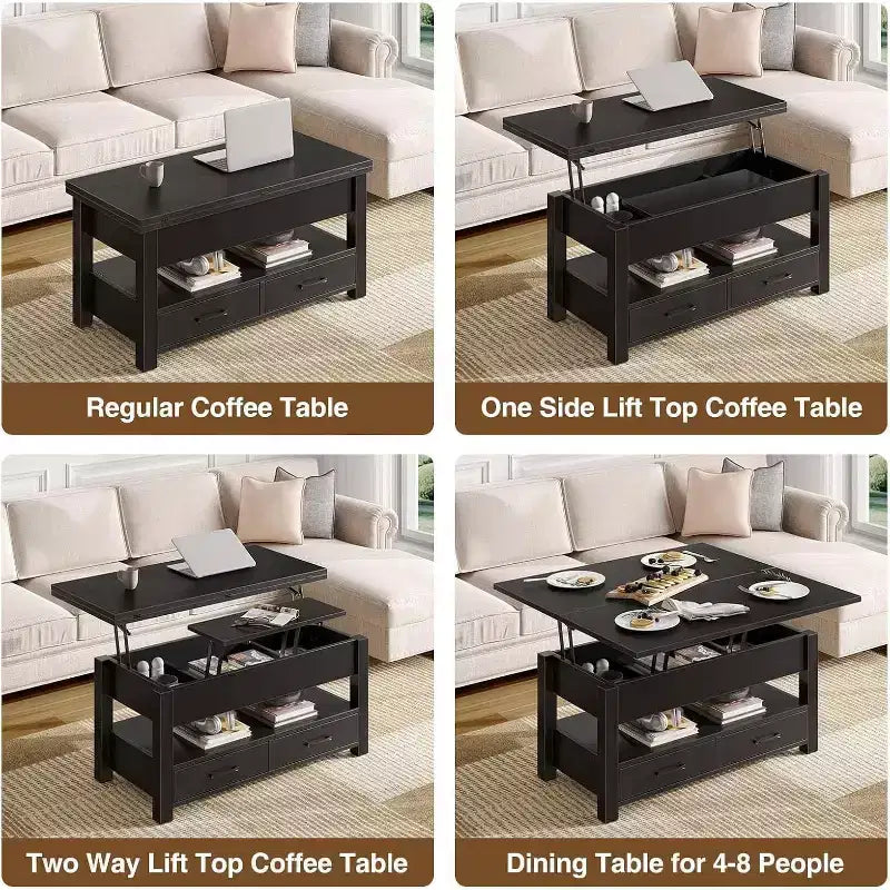 Tavolino da Caffè Sollevabile ad Altezza Regolabile Tavolo Centrale Moderno in Legno con 2 Cassetti Portaoggetti e Scomparto Nascosto Marrone Noce o Nero