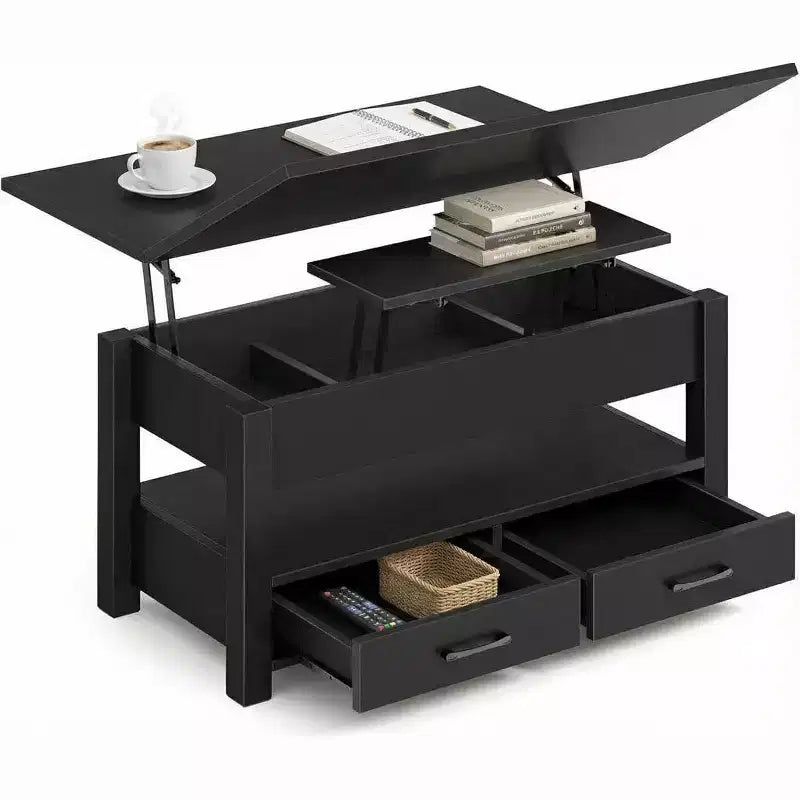 Tavolino da Caffè Sollevabile ad Altezza Regolabile Tavolo Centrale Moderno in Legno con 2 Cassetti Portaoggetti e Scomparto Nascosto Marrone Noce o Nero