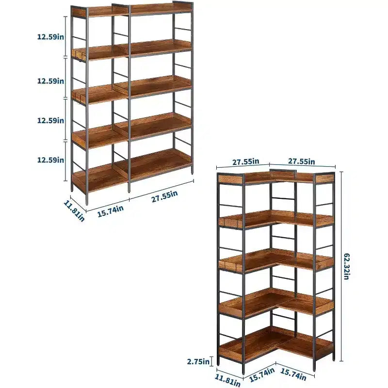 Libreria angolare reversibile a 5 ripiani, libreria industriale da 65 pollici con 4 ganci, scaffali aperti e struttura in metallo per soggiorno, camera da letto, ufficio, marrone rustico
