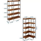 Libreria angolare reversibile a 5 ripiani, libreria industriale da 65 pollici con 4 ganci, scaffali aperti e struttura in metallo per soggiorno, camera da letto, ufficio, marrone rustico