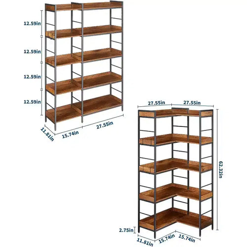 Libreria angolare reversibile a 5 ripiani, libreria industriale da 65 pollici con 4 ganci, scaffali aperti e struttura in metallo per soggiorno, camera da letto, ufficio, marrone rustico