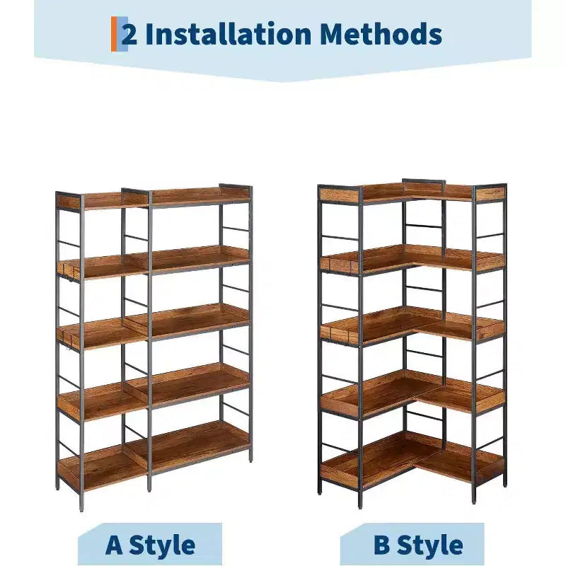 Libreria angolare reversibile a 5 ripiani, libreria industriale da 65 pollici con 4 ganci, scaffali aperti e struttura in metallo per soggiorno, camera da letto, ufficio, marrone rustico