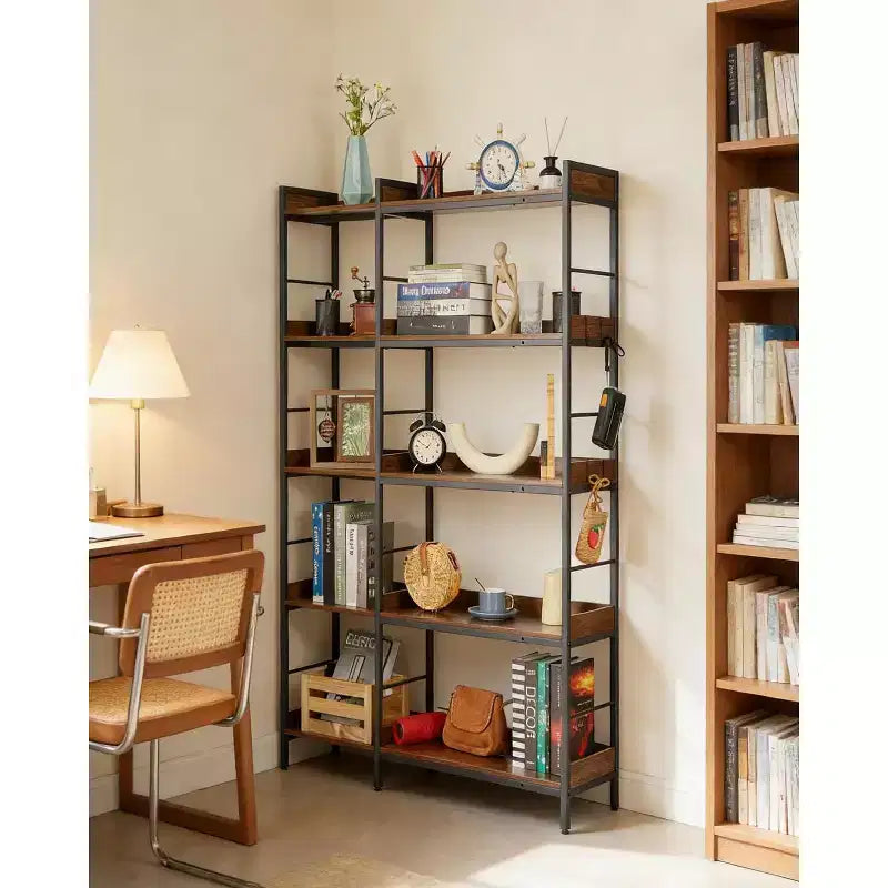 Libreria angolare reversibile a 5 ripiani, libreria industriale da 65 pollici con 4 ganci, scaffali aperti e struttura in metallo per soggiorno, camera da letto, ufficio, marrone rustico