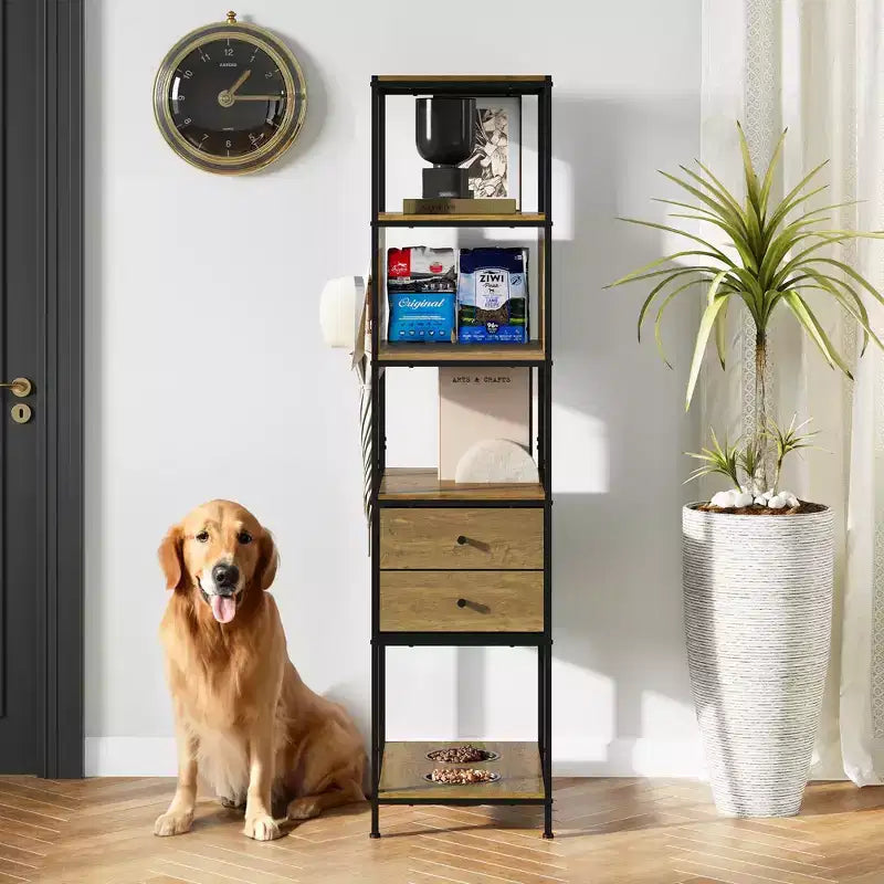Libreria Industriale, Scaffale Espositivo Verticale con 2 Ciotole per Cani, Libreria in Metallo e Legno, Stazione di Alimentazione per Cani con Scaffali, Marrone