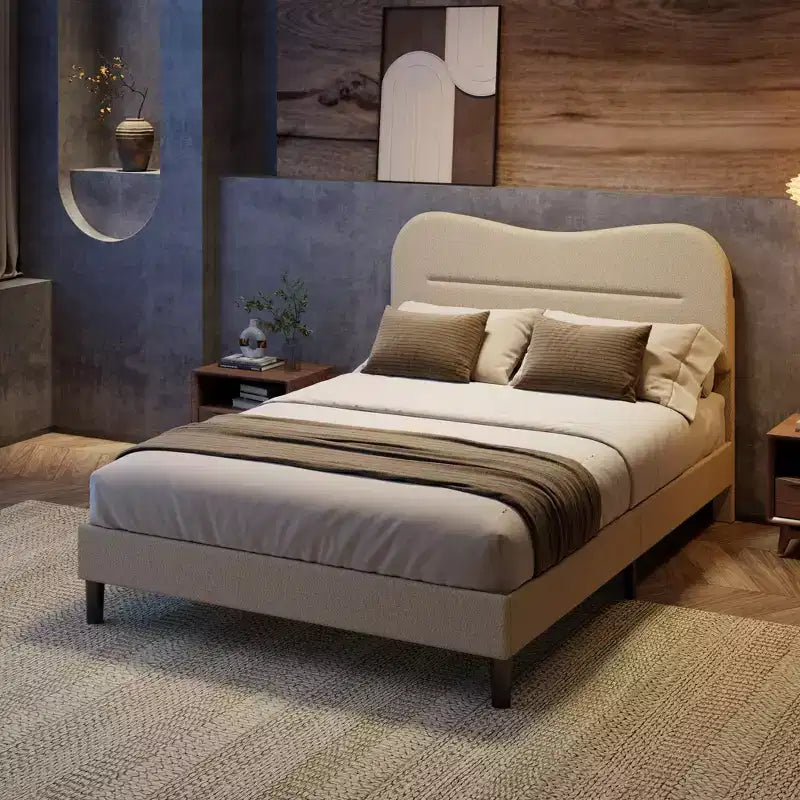 Struttura letto imbottita matrimoniale con testiera Soft Marshmallow Cloud in tessuto Teddy Boucle beige, piattaforma letto, nessuna necessità di rete, design silenzioso
