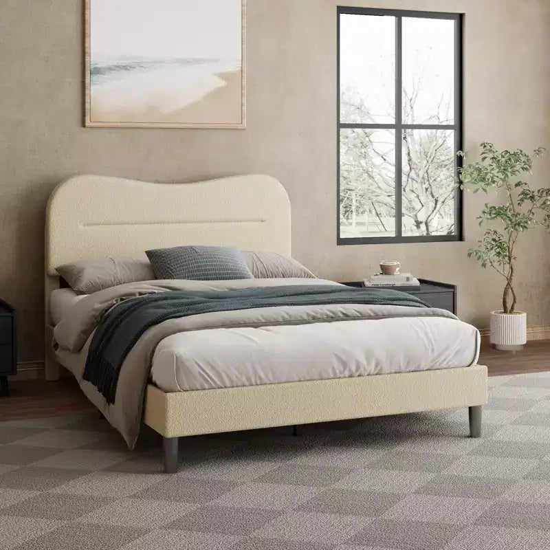Struttura letto imbottita matrimoniale con testiera Soft Marshmallow Cloud in tessuto Teddy Boucle beige, piattaforma letto, nessuna necessità di rete, design silenzioso