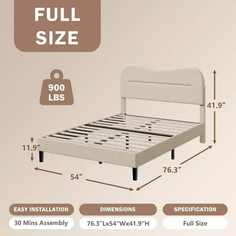 Struttura letto imbottita matrimoniale con testiera Soft Marshmallow Cloud in tessuto Teddy Boucle beige, piattaforma letto, nessuna necessità di rete, design silenzioso