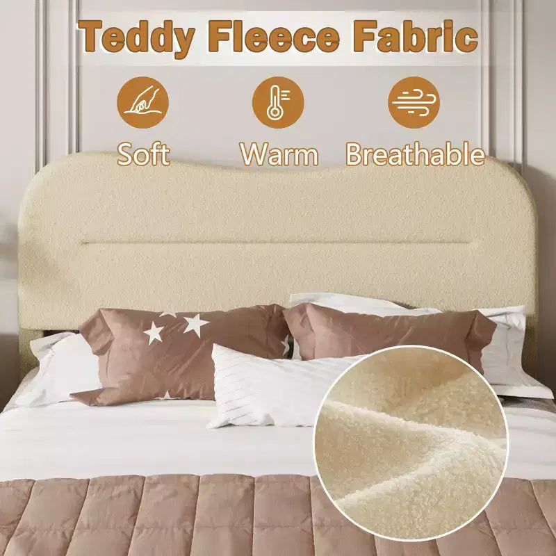 Struttura letto imbottita matrimoniale con testiera Soft Marshmallow Cloud in tessuto Teddy Boucle beige, piattaforma letto, nessuna necessità di rete, design silenzioso