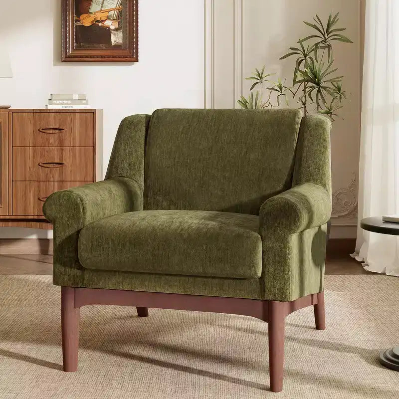 Poltrona Scultorea Accento con Braccioli Svasati e Struttura in Legno Massello Moderna Poltrona Reclinata Rivestita, Poltrona da Lettura Ergonomica