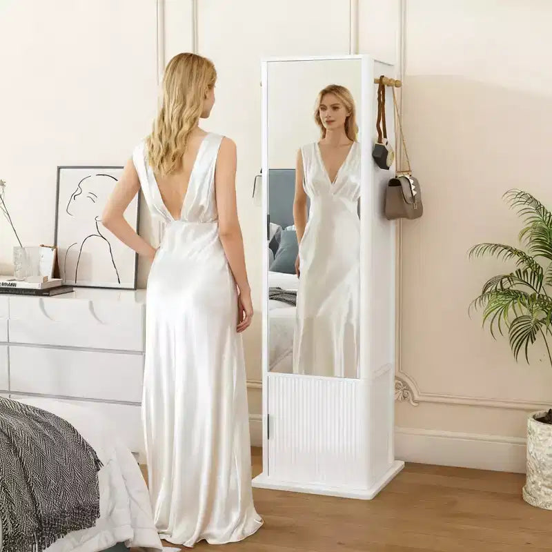 Mobiletto girevole a 360° con specchio a figura intera, colonna girevole con 6 ripiani e ganci