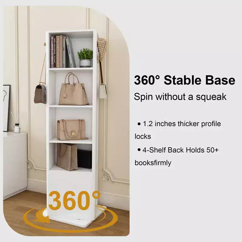 Mobiletto girevole a 360° con specchio a figura intera, colonna girevole con 6 ripiani e ganci