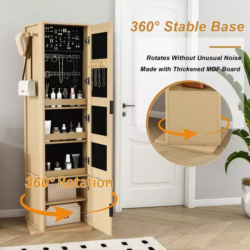 Mobiletto girevole a 360° con specchio a figura intera, colonna girevole con 6 ripiani e ganci