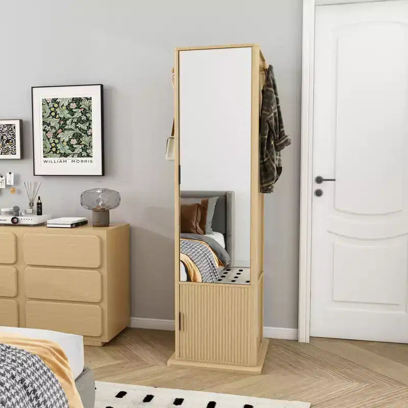 360 Rotating Storage Cabinet with Full-Length Mirror, Rotating Storage Tower with 6 Shelves & Hooks