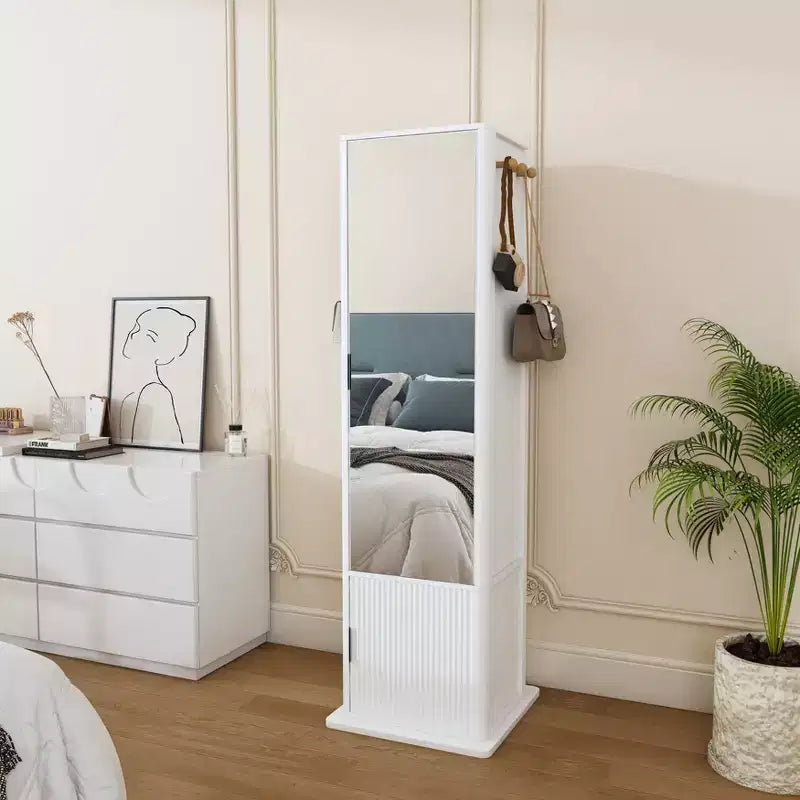 Mobiletto girevole a 360° con specchio a figura intera, colonna girevole con 6 ripiani e ganci