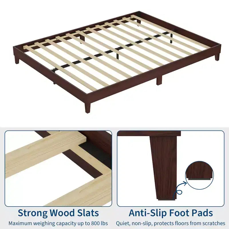 Struttura Letto Matrimoniale Queen Size in Legno, Base Robusta da 9 Pollici con Doghe in Legno, Senza Rumore, Facile Montaggio, Nessun Box Spring Necessario, Noce Scuro (Senza Testiera)