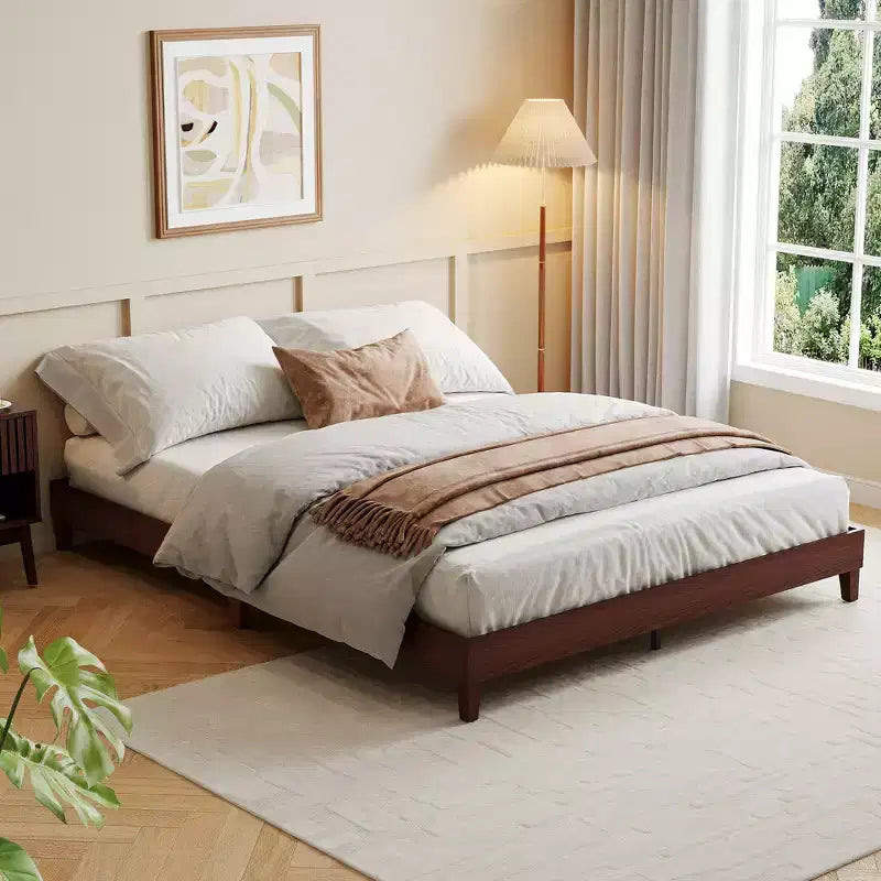 Struttura Letto Matrimoniale Queen Size in Legno, Base Robusta da 9 Pollici con Doghe in Legno, Senza Rumore, Facile Montaggio, Nessun Box Spring Necessario, Noce Scuro (Senza Testiera)