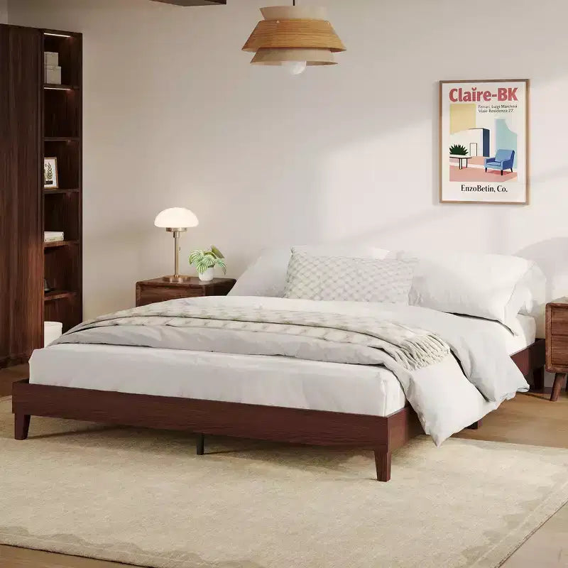 Struttura Letto Matrimoniale Queen Size in Legno, Base Robusta da 9 Pollici con Doghe in Legno, Senza Rumore, Facile Montaggio, Nessun Box Spring Necessario, Noce Scuro (Senza Testiera)