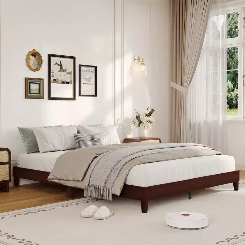 Struttura Letto Matrimoniale Queen Size in Legno, Base Robusta da 9 Pollici con Doghe in Legno, Senza Rumore, Facile Montaggio, Nessun Box Spring Necessario, Noce Scuro (Senza Testiera)
