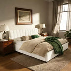 Letto matrimoniale imbottito con morbida testiera imbottita spessa, beige