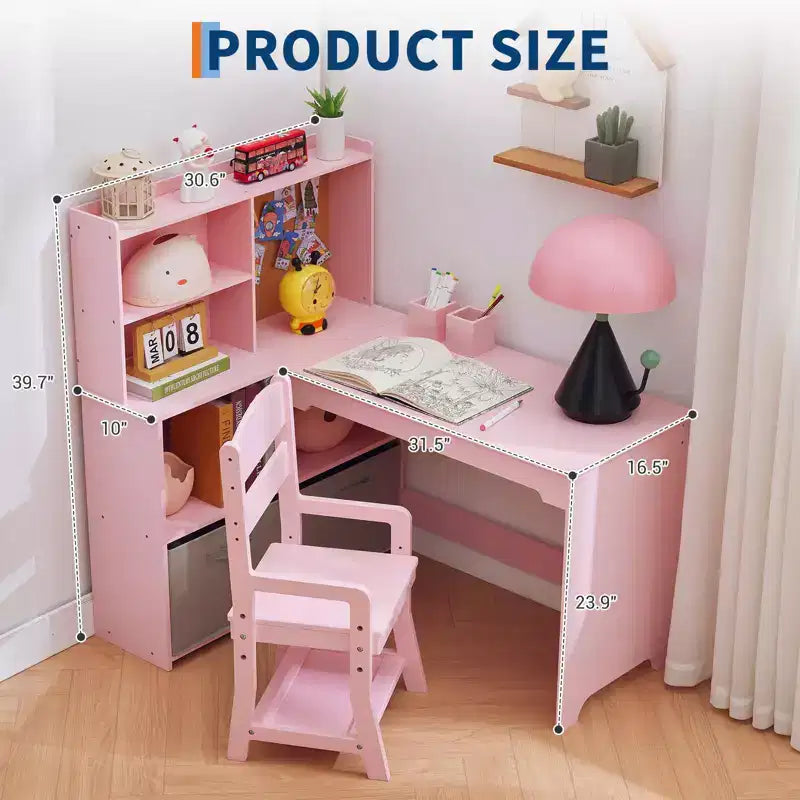 Scrivania e Sedia per Bambini Set Tavolo ad Angolo, Ampio Spazio di Archiviazione, Bacheca e Portapenne, Tavolo Ergonomico per Scrivere e Disegnare per Bambini dai 3 ai 12 Anni