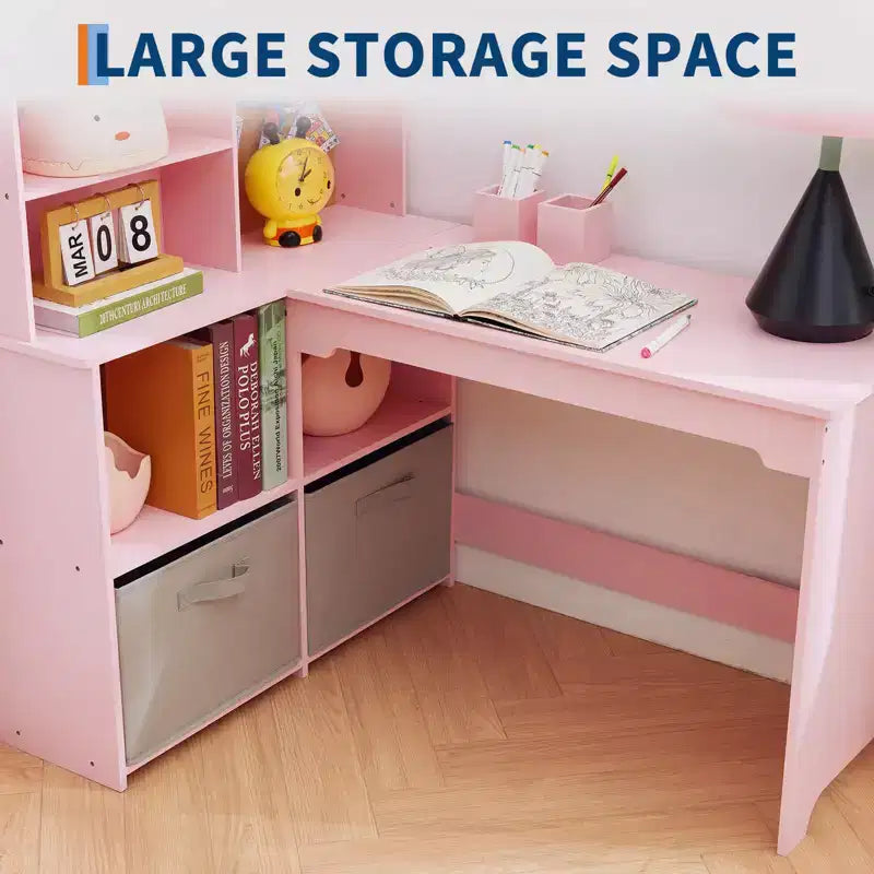 Scrivania e Sedia per Bambini Set Tavolo ad Angolo, Ampio Spazio di Archiviazione, Bacheca e Portapenne, Tavolo Ergonomico per Scrivere e Disegnare per Bambini dai 3 ai 12 Anni