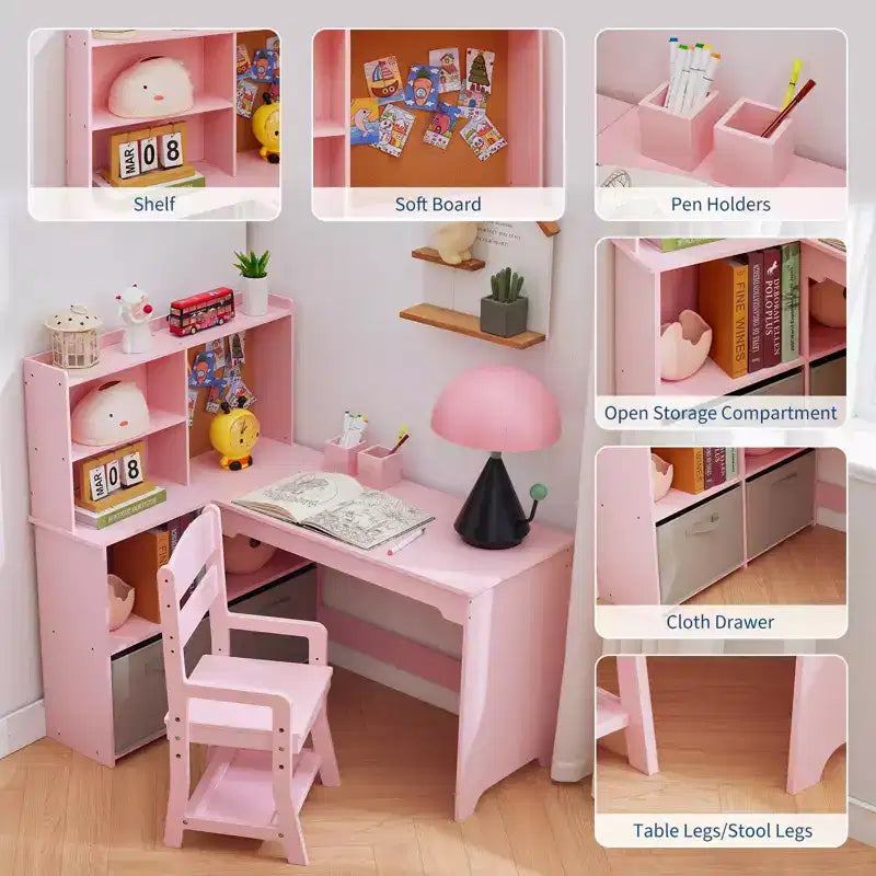 Scrivania e Sedia per Bambini Set Tavolo ad Angolo, Ampio Spazio di Archiviazione, Bacheca e Portapenne, Tavolo Ergonomico per Scrivere e Disegnare per Bambini dai 3 ai 12 Anni