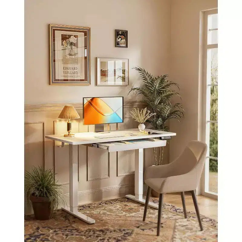 Scrivania elettrica regolabile in altezza con cassetti, 120x60 cm, con 4 preset, tavolo da ufficio per casa, bianco