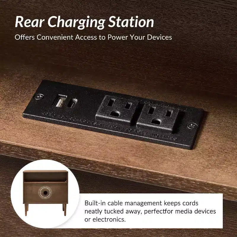 Tavolino moderno a 3 cassetti da 26W con gambe in legno massello e presa integrata - Noce