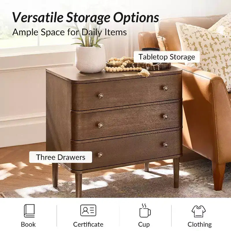 Tavolino moderno a 3 cassetti da 26W con gambe in legno massello e presa integrata - Noce