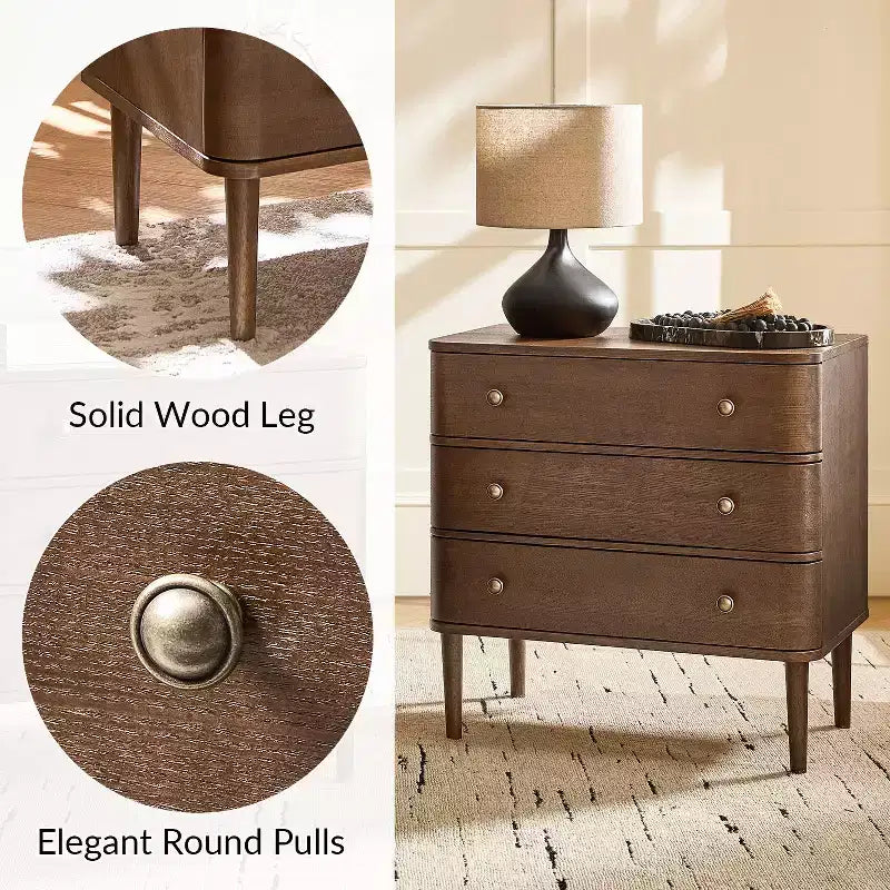Tavolino moderno a 3 cassetti da 26W con gambe in legno massello e presa integrata - Noce