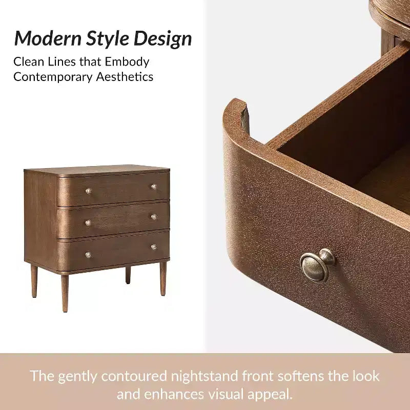 Tavolino moderno a 3 cassetti da 26W con gambe in legno massello e presa integrata - Noce