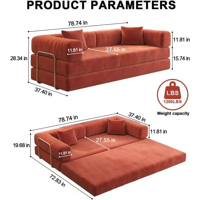 79 Divano Letto Sezionale Modulare Convertibile, Divano da Terra Pudding, Letto Comprimibile per Soggiorno Camera da Letto, Arancione
