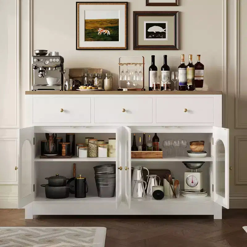 Credenza a buffet da fattoria da 140 cm, con 3 cassetti e 4 ante, ripiani regolabili, portabottiglie, versatile per cucina, sala da pranzo o soggiorno