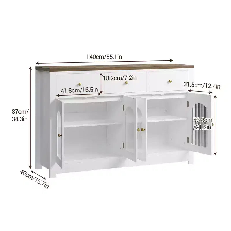 Credenza a buffet da fattoria da 140 cm, con 3 cassetti e 4 ante, ripiani regolabili, portabottiglie, versatile per cucina, sala da pranzo o soggiorno