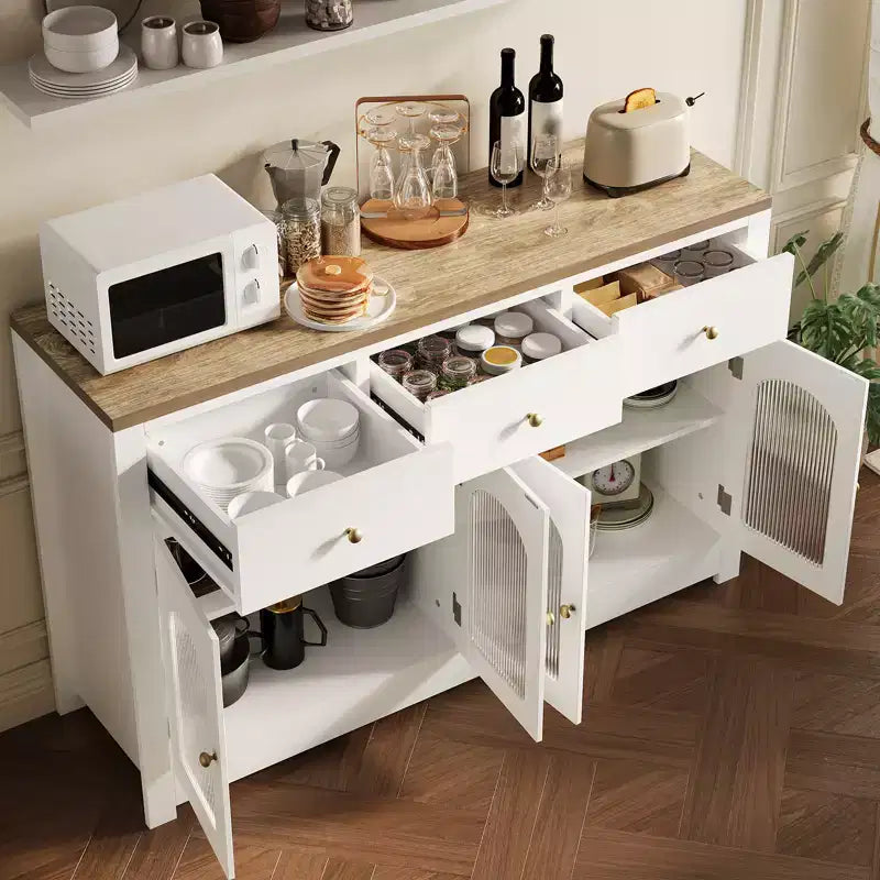 Credenza a buffet da fattoria da 140 cm, con 3 cassetti e 4 ante, ripiani regolabili, portabottiglie, versatile per cucina, sala da pranzo o soggiorno