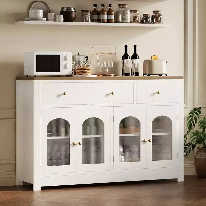 Credenza a buffet da fattoria da 140 cm, con 3 cassetti e 4 ante, ripiani regolabili, portabottiglie, versatile per cucina, sala da pranzo o soggiorno