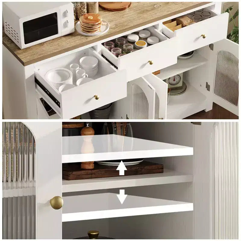 Credenza a buffet da fattoria da 140 cm, con 3 cassetti e 4 ante, ripiani regolabili, portabottiglie, versatile per cucina, sala da pranzo o soggiorno