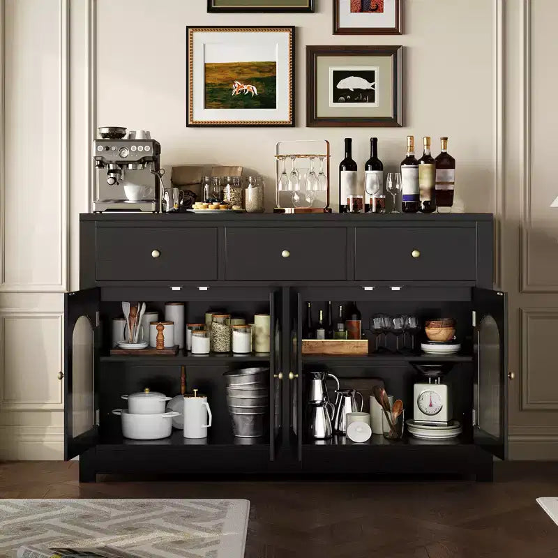 Credenza a buffet da fattoria da 140 cm, con 3 cassetti e 4 ante, ripiani regolabili, portabottiglie, versatile per cucina, sala da pranzo o soggiorno