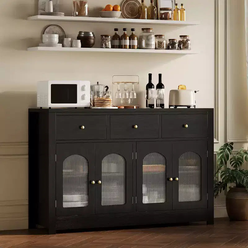 Credenza a buffet da fattoria da 140 cm, con 3 cassetti e 4 ante, ripiani regolabili, portabottiglie, versatile per cucina, sala da pranzo o soggiorno