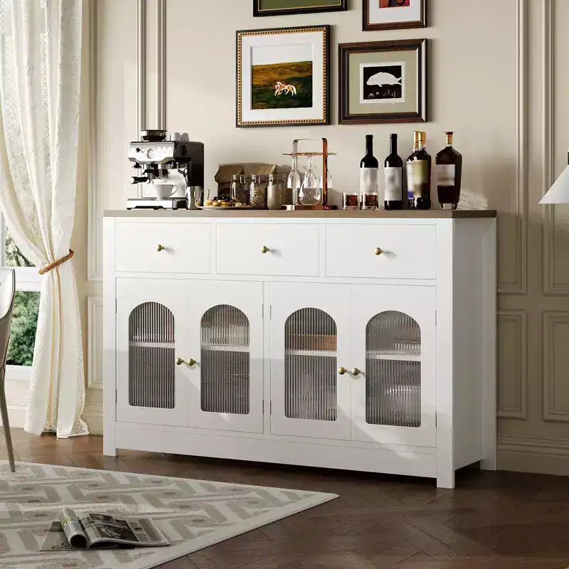 Credenza a buffet da fattoria da 140 cm, con 3 cassetti e 4 ante, ripiani regolabili, portabottiglie, versatile per cucina, sala da pranzo o soggiorno