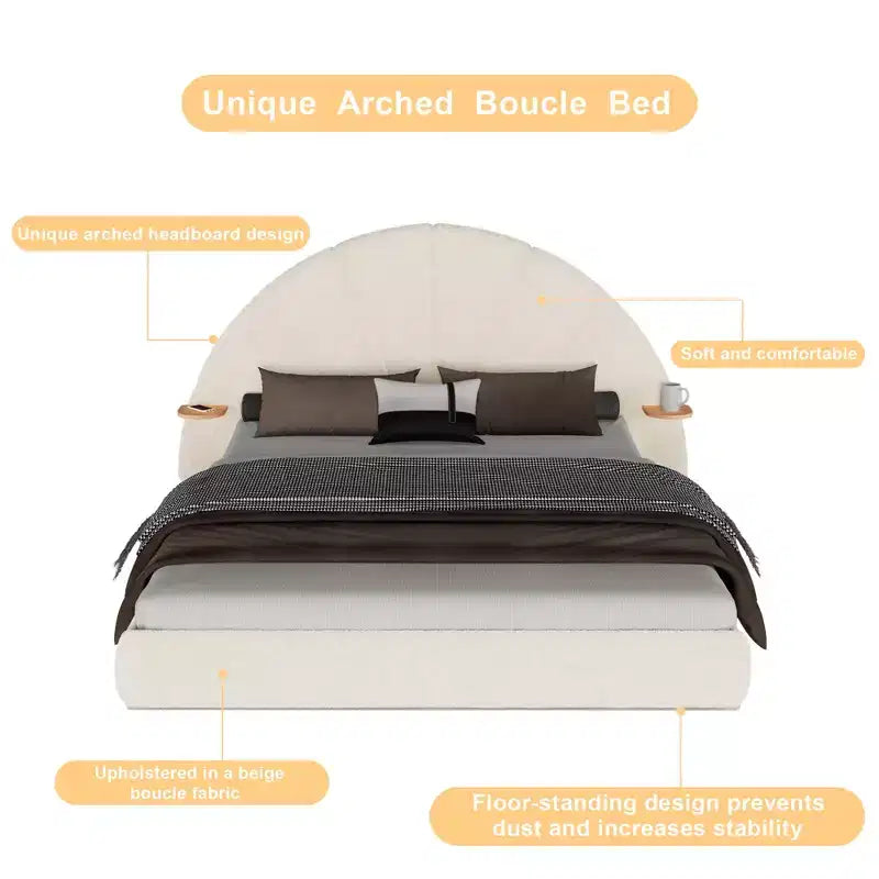 Struttura letto imbottita Boucle ad arco beige con comodino integrato, texture morbida e design stabile a pavimento per camere da letto eleganti, Queen