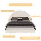 Struttura letto imbottita Boucle ad arco beige con comodino integrato, texture morbida e design stabile a pavimento per camere da letto eleganti, Queen