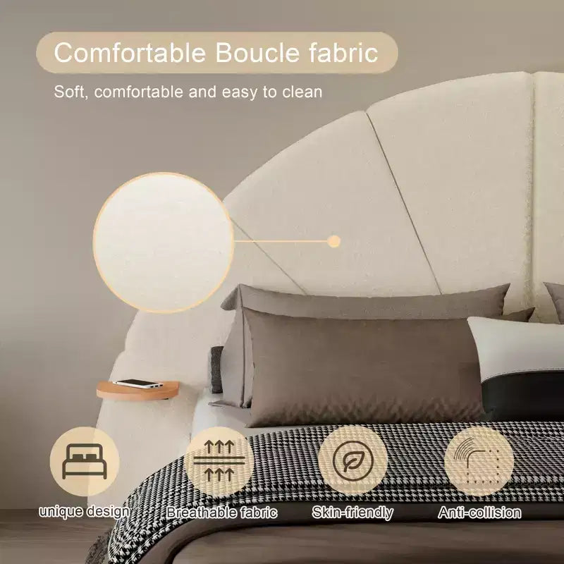 Struttura letto imbottita Boucle ad arco beige con comodino integrato, texture morbida e design stabile a pavimento per camere da letto eleganti, Queen